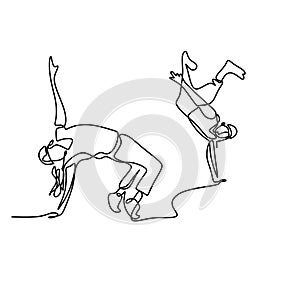 One continuous line drawing young modern street dancer man performing hip hop dance on the stage. Young male doing break dance.