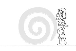 One continuous line drawing of young mother carrying her sleepy tired daughter go to the bed room. Happy family parenthood concept