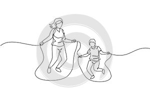 One continuous line drawing of young mother and his son train jumping with skipping rope at park near home. Happy family parenting