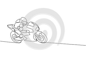 One continuous line drawing of young moto biker practicing to improve bike speed. Super bike racing concept vector illustration.