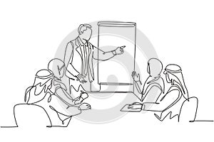 One continuous line drawing of young muslim business coach deliver business training at company meeting. Islamic clothing shemag,