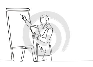 One continuous line drawing of young muslim businesswoman female do business presentation while team meeting at flip chart.