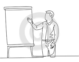 One continuous line drawing of young presenter delivering increasing product sales report to finance manager. Business