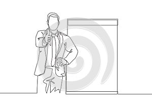 One continuous line drawing of young presenter giving thumbs up gesture to the audience while meeting. Business presentation