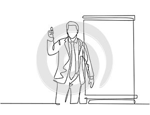 One continuous line drawing of young presenter giving thumbs up gesture to the audience while meeting. Business presentation at