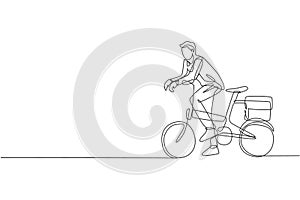 One continuous line drawing of young professional manager man cycling ride folding bicycle to his office. Healthy working urban