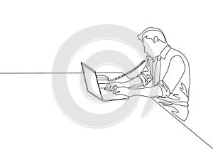 One continuous line drawing of young programmer take a phone call using analog phone to ask coding language to his friend