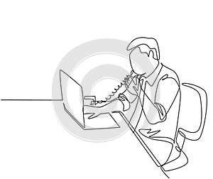 One continuous line drawing of young programmer take a phone call using analog phone to ask coding language to his friend at the