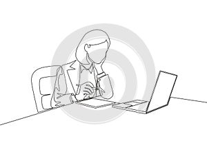 One continuous line drawing of young serious female worker sitting pensively while watching laptop screen at work desk