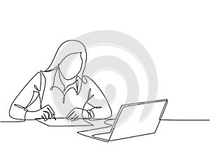 One continuous line drawing of young serious female worker sitting pensively while watching laptop screen at work desk. Business