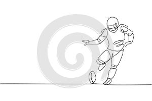 One continuous line drawing of young sporty american football player kicking the ball hard at arena for competition poster. Sport