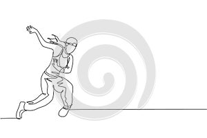 One continuous line drawing young sporty break dancer woman with hat show hip hop dance style in the street. Urban lifestyle sport