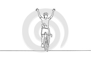 One continuous line drawing of young sporty man bicycle racer cross finish line and raise up his hands. Road cyclist concept.