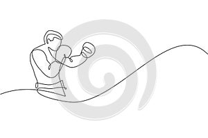 One continuous line drawing of young sporty man boxer train his defense stance. Competitive combat sport concept. Dynamic single
