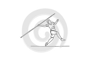 One continuous line drawing of young sporty man exercise to run stance before throw javelin on the field. Athletic games. Olympic