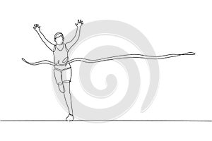 One continuous line drawing of young sporty man runner crosses the finish line. Health activity sport concept. Dynamic single line