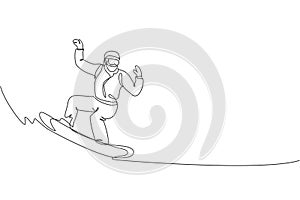 One continuous line drawing of young sporty man snowboarder riding snowboard in alps snowy powder mountain. Winter lifestyle sport