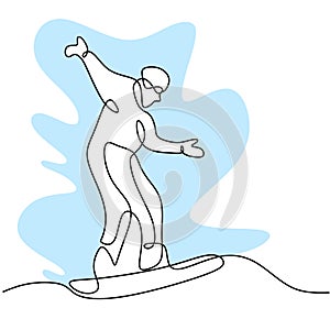 One continuous line drawing of young sporty man snowboarder riding snowboard in snowy powder mountain isolated on white background