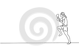 One continuous line drawing of young sporty muay thai boxer man preparing to fight, stance kick at box arena. Fighting sport game