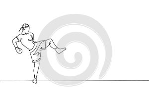 One continuous line drawing of young sporty muay thai boxer man preparing to fight, stance kick at box arena. Fighting sport game