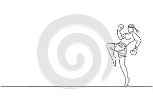 One continuous line drawing of young sporty muay thai boxer man preparing to fight, stance kick at box arena. Fighting sport game