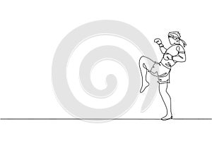 One continuous line drawing of young sporty muay thai boxer man preparing to fight, stance kick at box arena. Fighting sport game