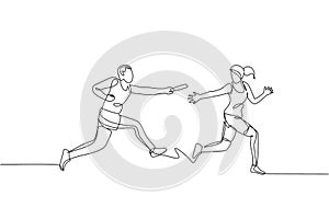 One continuous line drawing of young sporty runner man pass baton stick to his team mate. Healthy lifestyle and fun jogging sport