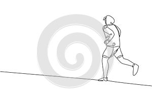 One continuous line drawing of young sporty runner man relax running at countryside. Healthy lifestyle and fun jogging sport
