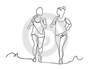 One continuous line drawing of young sporty runner women jogging. Healthy lifestyle and fun jogging sport concept. Dynamic single