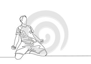 One continuous line drawing of young sporty soccer player sliding on the field emotionally after scoring a goal. Match goal