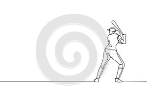 One continuous line drawing of young sporty woman baseball player practice to hit the ball at field. Competitive sport concept.