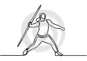 One continuous line drawing of young sporty woman exercise to run stance before throw javelin on the field. Athletic games.