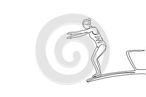 One continuous line drawing young sporty woman standing at diving board ready to jump into the swimming pool. Healthy water sport