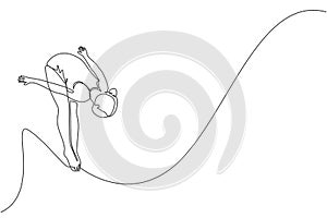 One continuous line drawing of young sporty woman tumbling and somersault after jumping from diving board. Competition event.