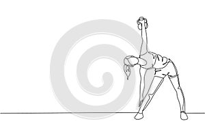 One continuous line drawing of young sporty woman working out side lunge windmill pose in fitness gym club center. Healthy fitness