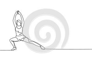 One continuous line drawing of young sporty woman working out stretching in fitness gym club center. Healthy fitness sport concept