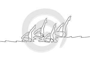 One continuous line drawing of young sporty women synchronized swimmer perform beauty leg movement in the water pool. Healthy photo