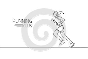 One continuous line drawing of young woman athlete runner run from side view. Individual sport, competitive concept. Dynamic