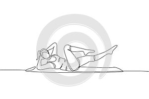 One continuous line drawing of young woman training doing criss cross pilates in fitness training gym. Healthy sport lifestyle