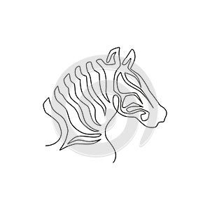 One continuous line drawing of zebra head for zoo safari national park logo identity. Typical horse from Africa with stripes