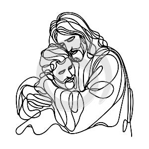 One continuous line draws Jesus hugging a sinner