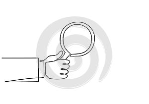 One continuous line of hand holding magnifying glass. Magnifier to detect something very small. Zoom in theme line art drawing