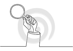 One continuous line of hand holding magnifying glass. Magnifier to detect something very small. Zoom in theme line art drawing