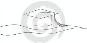 One continuous line illustration of a graduation hat and diploma, hand drawn line art illustration of a graduation hat