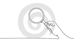 One continuous line illustration of hand holding magnifying glass.