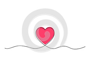 One continuous line illustration of heart with red heart core. Concept of love.