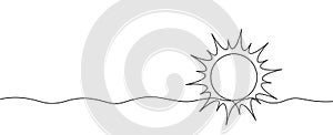 One continuous line illustration of sun with rays. Sun and sunlights drawn in one line. Vector