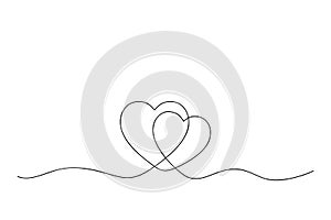 One continuous line illustration of two hearts. Concept of love.