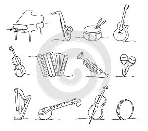 One continuous line musical Instruments. Orchestra saxophone, grand piano, acoustic guitar and sitar. Jazz music