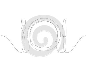 One continuous line plate, khife and fork. Vector illustration.